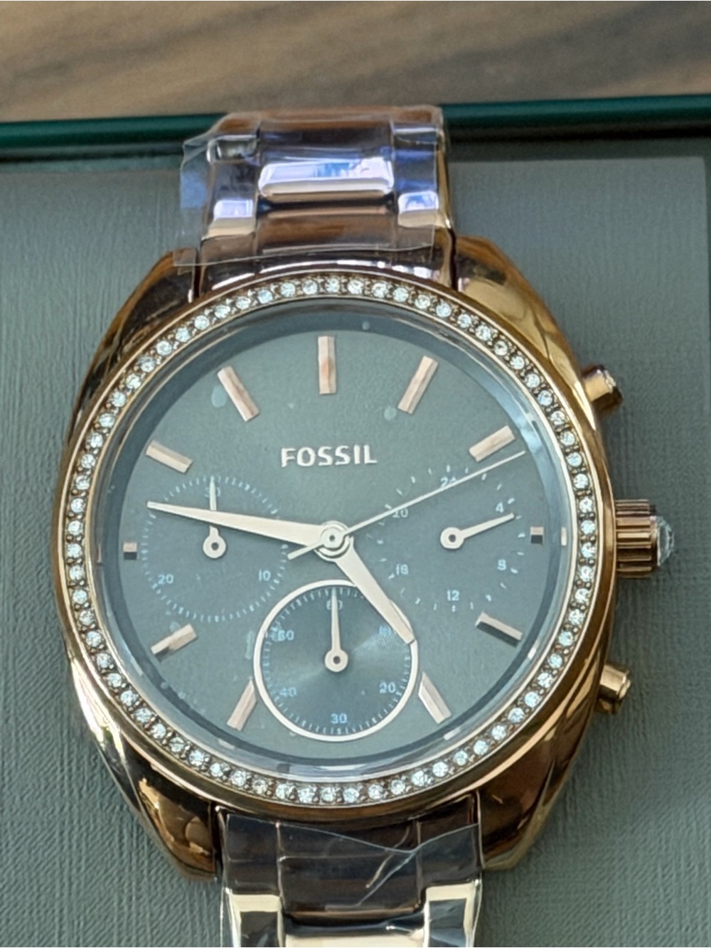 Fossil Rose Gold-Tone Watch with Gray Dial and Crystal Bezel